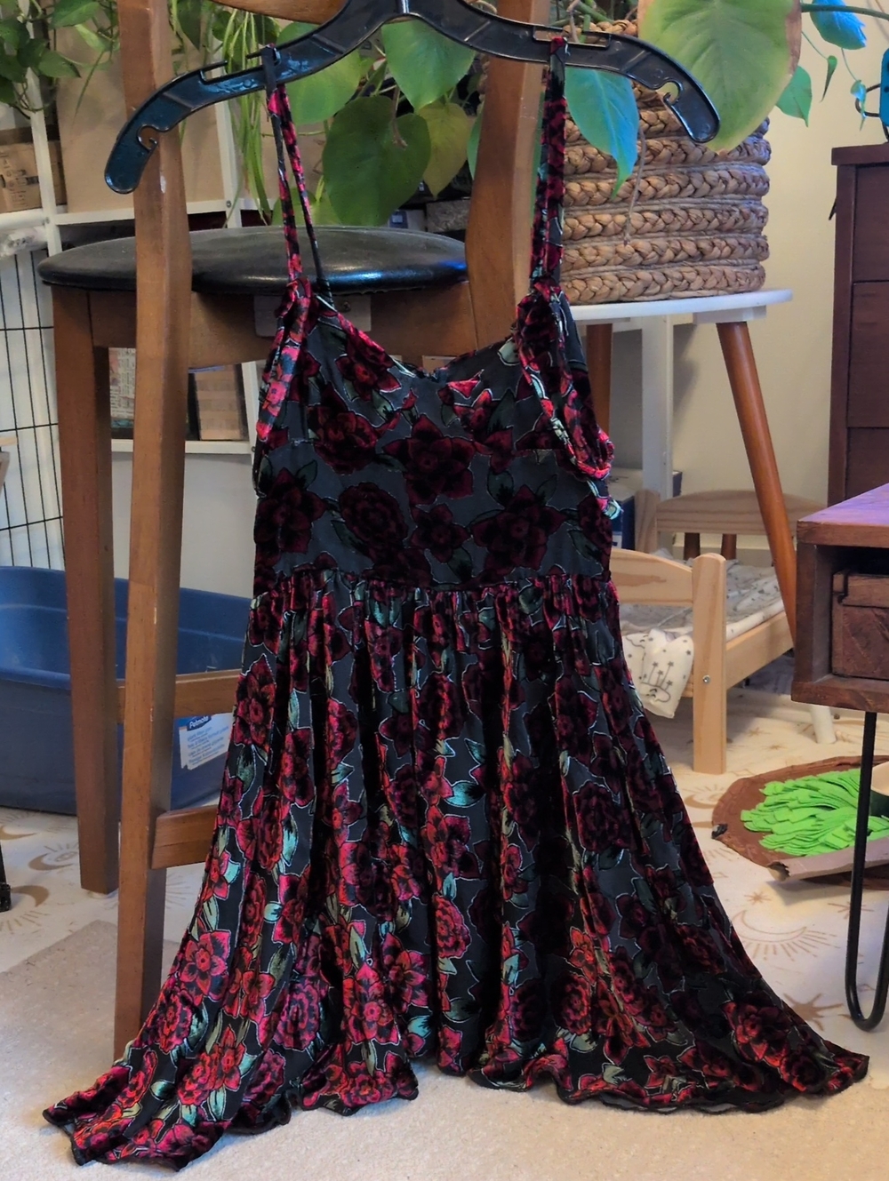 Black Velvet Floral Slip Dress with Red Rose Burnout - Picture 1 of 4